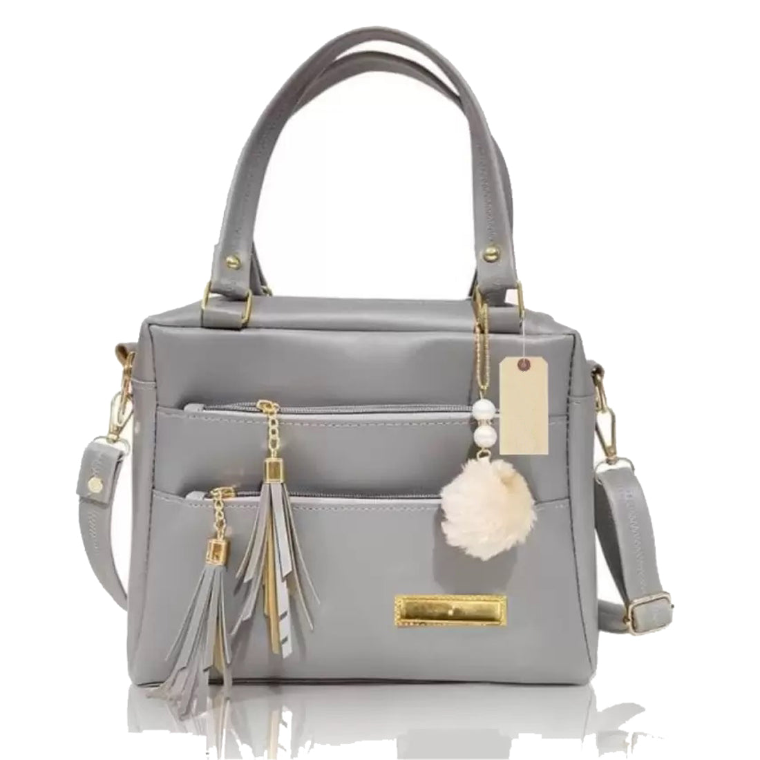 Chic Grey Tassel Handbag – Dual Carry with Pom Charm